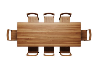 Fototapeta premium Aerial view of a wooden dining table with six chairs isolated on transparent background, minimalist design. Top down view of a modern wooden dining table with chairs showing elegant wood grain texture