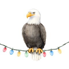 Watercolor illustration of bald eagle perched on Christmas lights garland, festive winter bird art isolated on white background