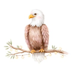 Obraz premium Watercolor illustration of a bald eagle sitting on a branch with soft pastel feathers and glowing holiday lights, isolated on white