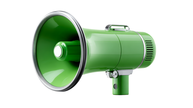 Green megaphone with metallic accents on white