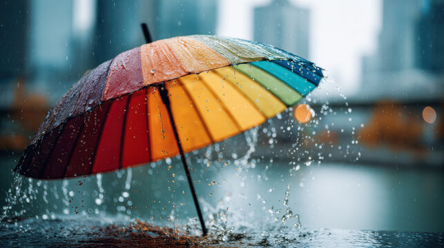 Cozy autumn rain with a rainbow umbrella. A colorful umbrella in the rain, evoking a cozy autumn vibe. The water droplets create a beautiful, dynamic effect. Perfect for seasonal themes.