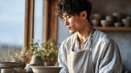 Candid japanese young man shaping clay on pottery wheel inside small workshop, wearing rolled-up linen shirt and apron, hands covered in clay, shelves of pottery behind