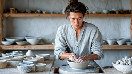 Candid japanese young man shaping clay on pottery wheel inside small workshop, wearing rolled-up linen shirt and apron, hands covered in clay, shelves of pottery behind