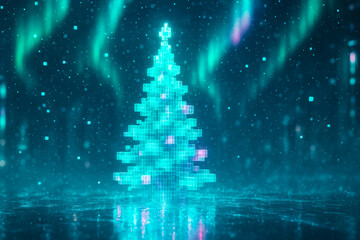Digital Christmas tree with glowing pixels set against a starry night sky