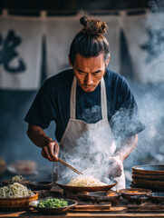 Candid young japanese man wearing contemporary traditional outfit frying tempura at small street food stall, bubbles rising from hot oil, authentic japanese street scene
