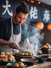 Candid young japanese man wearing contemporary traditional outfit frying tempura at small street food stall, bubbles rising from hot oil, authentic japanese street scene