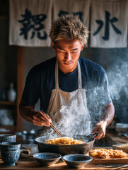 Candid young japanese man wearing contemporary traditional outfit frying tempura at small street food stall, bubbles rising from hot oil, authentic japanese street scene