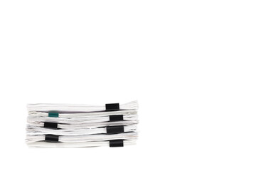 Stack of papers with paper clips, office folders. Copy space