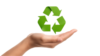 Hand Holding a Green Recycling Symbol Isolated on White Background