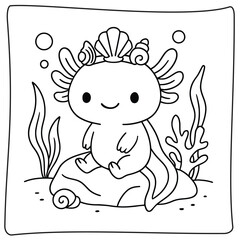 Fototapeta premium A cute axolotl with seashell crown sitting on a rock in an underwater coloring page art