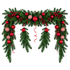 Festive Garland of the Season: A vibrant garland of evergreen boughs, adorned with radiant red ornaments, and berries, bringing the spirit of the holidays.