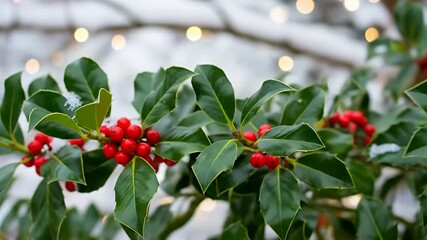 Holly branch with red berries and snow against a background of blurred lights - Powered by Adobe