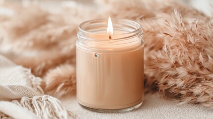 Beige soy wax candle burning in glass jar on cozy neutral background