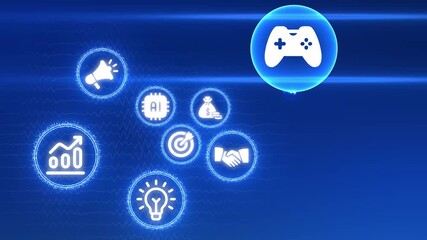 White Digital Icons Representing Business Growth AI Finance and Gaming on a Blue Background innovation - Powered by Adobe