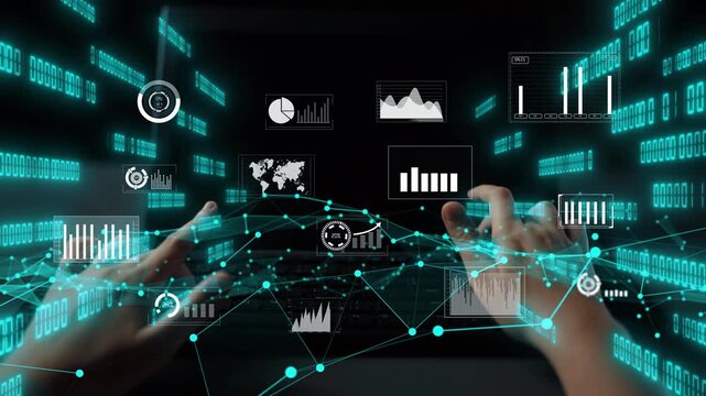 Hands on a laptop are surrounded by a vibrant digital display of charts, graphs, and binary codes, illustrating a dynamic data analysis process in a modern setting. Xenic