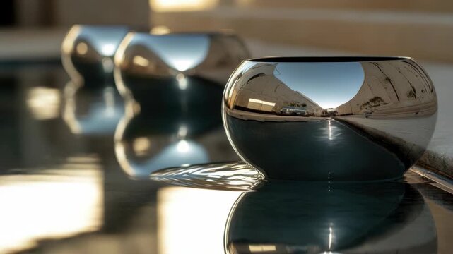 Pool with reflective silverware in sunlight, indicating a peaceful leisure setting.