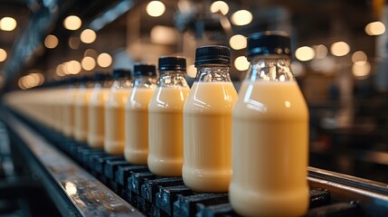 Machine Filling Bottles with Plant-Based Milk in Production Facility