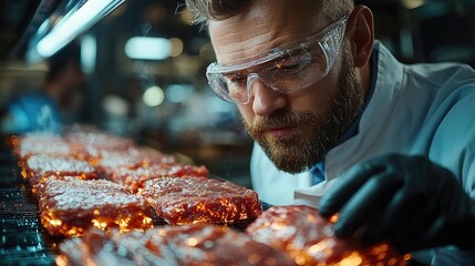 Scientist Examining Plant-Based Meat in Laboratory Setting for Research