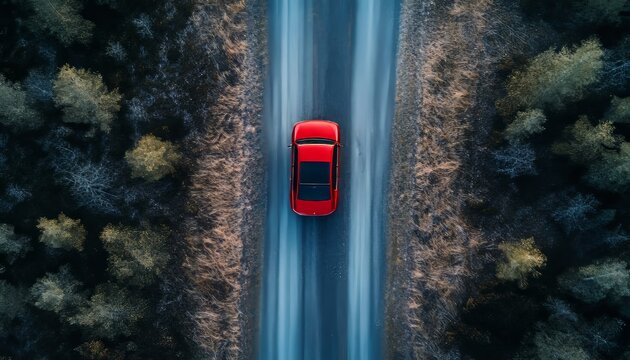 Aerial View of a Serene Secluded Road Winding Through a Vibrant Landscape with a Colorful Car