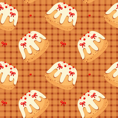 Vector Easter pattern with decorative bows and festive ornaments. Seamless spring design with pastel colors, eggs, ribbons and floral elements. Minimalist style, isolated on white background, perfect 