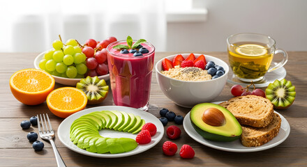 Healthy breakfast spread featuring fresh fruit, smoothies, oatmeal, toast, and tea