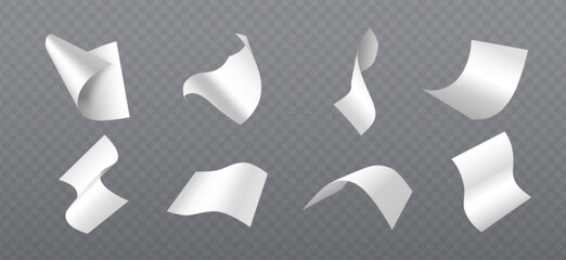 White 3d paper sheets in fall motion on transparent background - flying pages with curved edges and realistic shadows. Blank document mockup collection in dynamic air movement for office design.