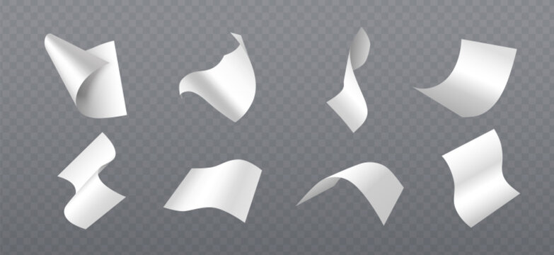 White 3d paper sheets in fall motion on transparent background - flying pages with curved edges and realistic shadows. Blank document mockup collection in dynamic air movement for office design.