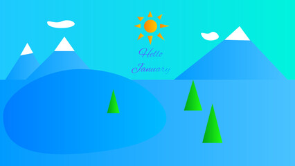 Winter landscape with christmas trees and mountains. Hello January, vector illustration
