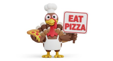Funny Turkey Chef Holding Pizza Slice and Eat Pizza Sign