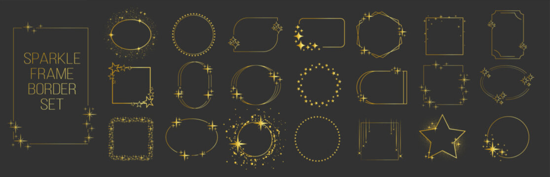 Luxury gold sparkle frame border with stars elegant decorative element on transparent background