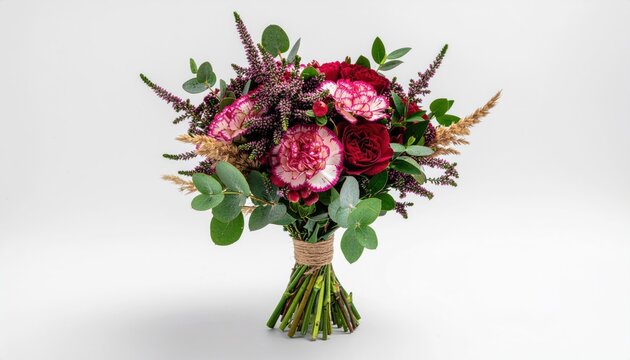 Elegant Still Life Bouquet of Carnations Roses and Eucalyptus on White - Powered by Adobe