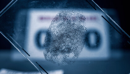 A magnified close-up of a latent fingerprint on a clear glass slide, typical of a police forensic scene. The moody blue filter and shallow depth of field emphasize the detailed evidence used for crimi