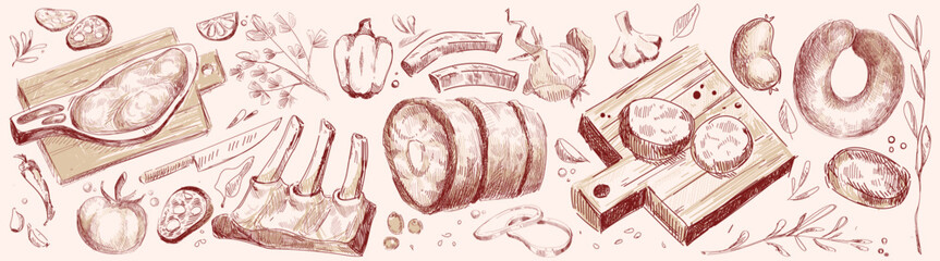 Fresh raw meat products on white background. Vector illustration of pork ribs, beef steak, sausages, vegetables and seasoning on wooden board, butchery shop products, restaurant menu, sketch art