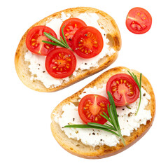 Gourmet Crostini: Delectable crostini, adorned with creamy cheese, succulent tomato slices, and fresh rosemary sprigs, offer a tempting taste of culinary delight.