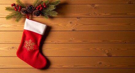 Red Christmas stocking with holiday decorations on a wooden background. Festive New Year concept with pine branch and berries. Top view with copy space