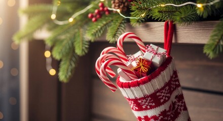 Christmas stocking filled with gifts and candy canes hanging on a mantel. Festive holiday decorations for New Year and winter celebrations