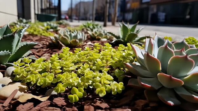 Succulent garden bed features stone accents and wood chips in an urban landscape