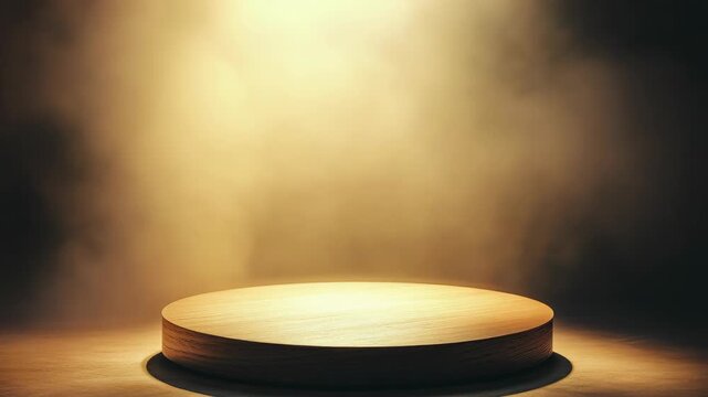 A wooden stage with a spotlight on it. The stage is empty