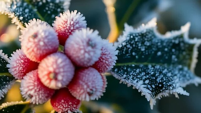 Frost-covered red berries on a green, spiky holly leaf create a wintery, close-up view