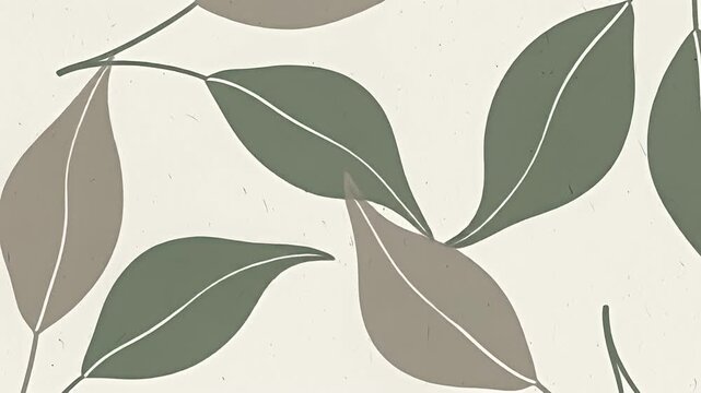 Leafy pattern background with olive and tan leaf shapes and white outlines on speckled cream