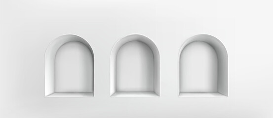 White 3d niche shelf set with arched frame openings in empty wall background. Three architectural holes or alcoves - minimalist room interior elements for product placement, exhibition display mockup