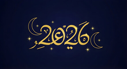 Golden arabic calligraphy for the year 2026 with crescent moons and stars