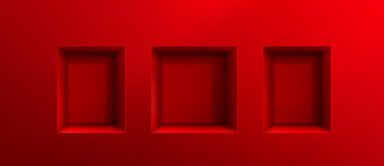 Red 3d niche shelf boxes with empty square frame hole in wall background. Three architectural room alcoves for exhibition display. Interior design and modern product presentation or promotional mockup