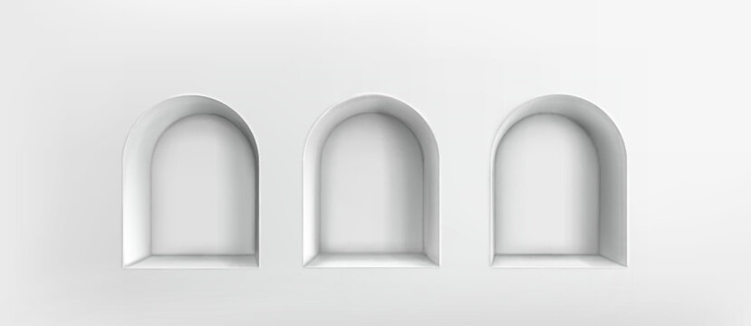 White 3d niche shelf set with arched frame openings in empty wall background. Three architectural holes or alcoves - minimalist room interior elements for product placement, exhibition display mockup