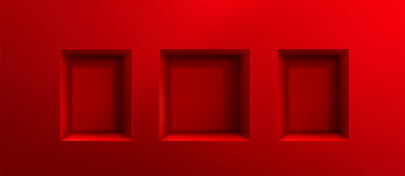 Red 3d niche shelf boxes with empty square frame hole in wall background. Three architectural room alcoves for exhibition display. Interior design and modern product presentation or promotional mockup