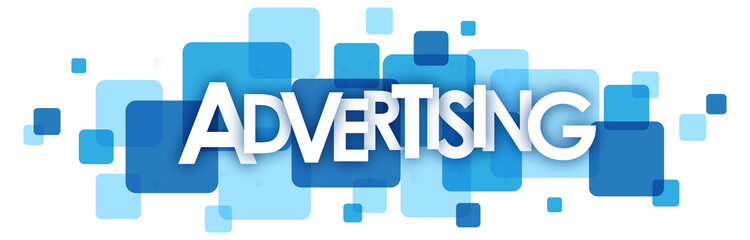 ADVERTISING white typography banner with blue squares on transparent background