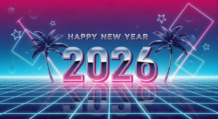 Retro futuristic happy new year 2026 with palm trees and neon grid