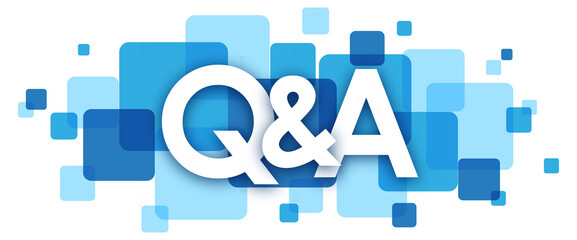 Fototapeta na wymiar Q&A white typography banner with blue squares on transparent background