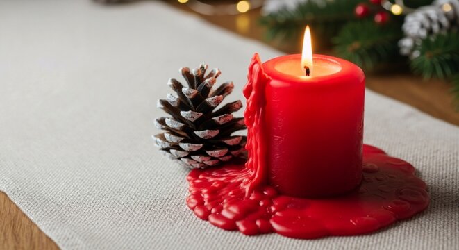 A lit red candle with melted wax and a pinecone as a festive holiday decoration. Cozy Christmas and New Year background. Winter still life with copy space - Powered by Adobe