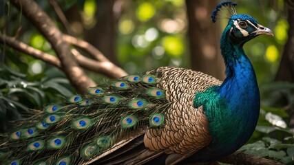 Obraz premium A realistic photo of a Peacock resting gracefully middle of a tree jungle, dappled sunlight filtering through green leaves, showing fine fur patterns and a relaxed gaze, soft filtered sunlight